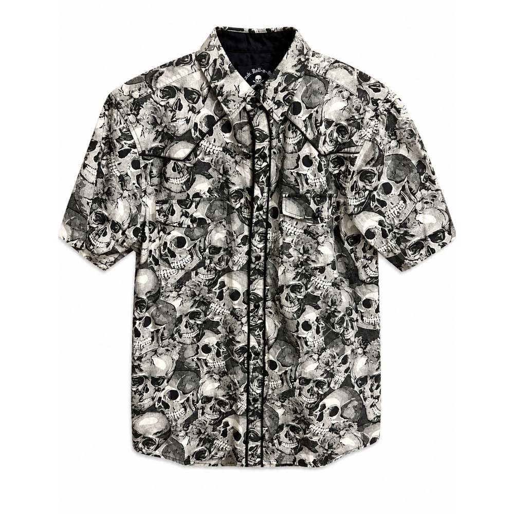 Rock Roll N Soul Skull Print Western Snap Shirt Mens M Black Gray Goth Biker